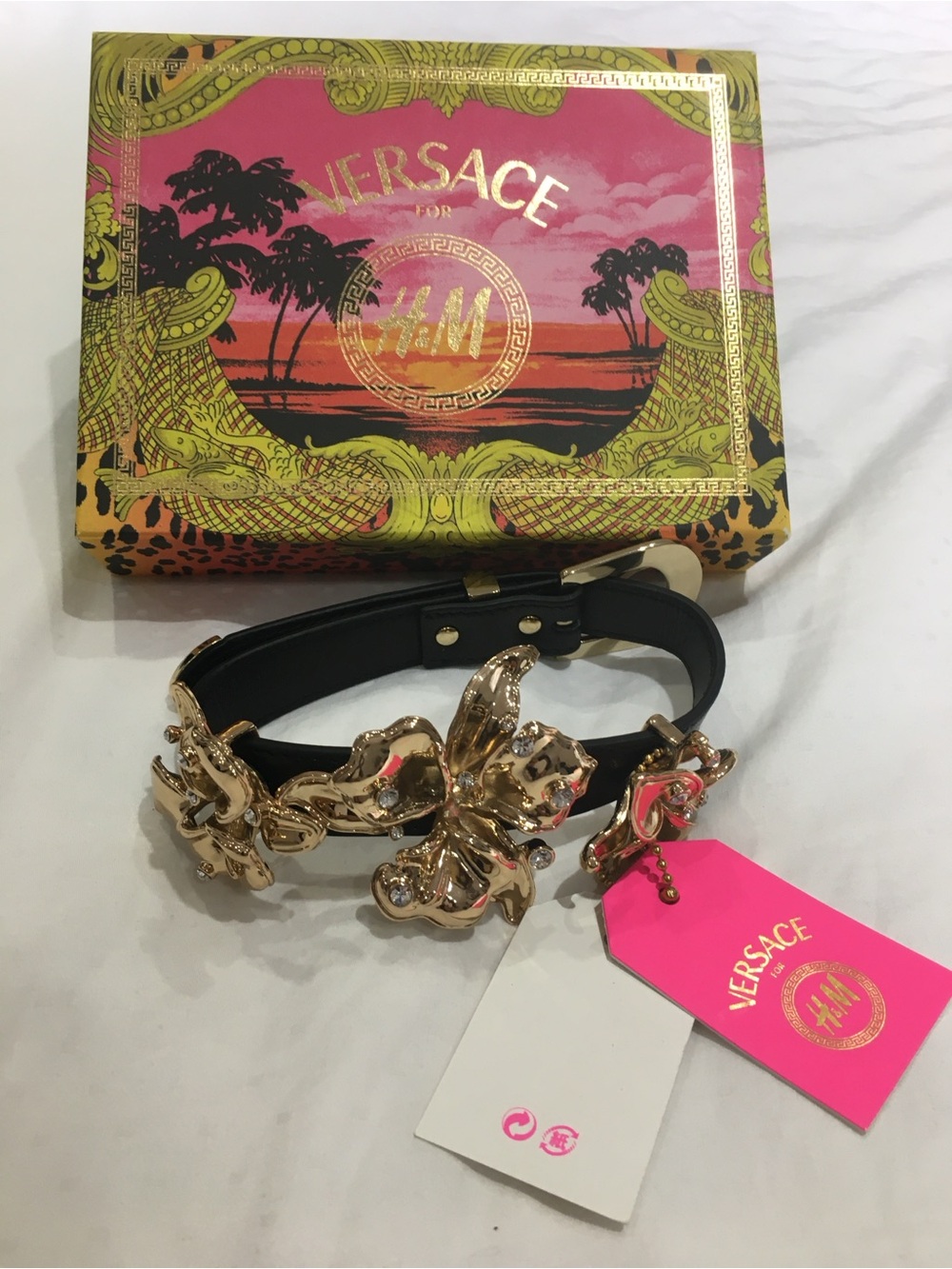 Versace x H&M 2011 Limited Edition black leather choker w gold floral hardware